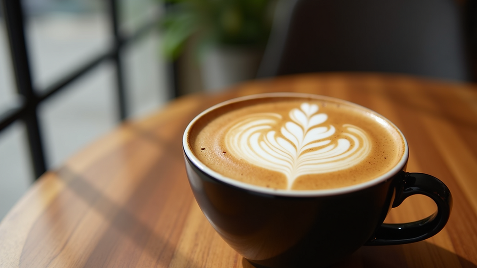 Close-up view of a vibrant adaptogenic latte with latte art on a wooden table