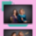 Pink photo strip with two partial pictures of women at a party taking photos with props