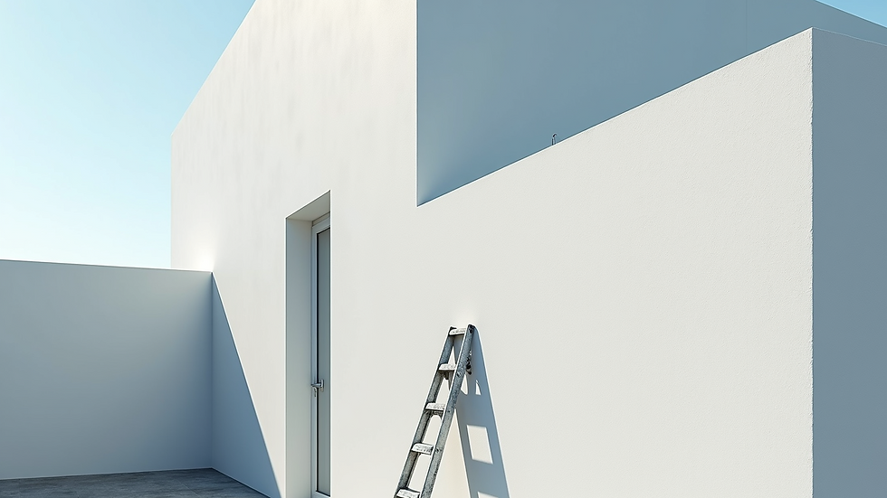 High angle view of a commercial building exterior being painted with fresh white paint