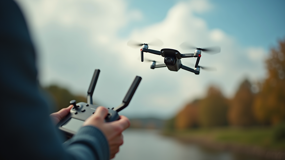 Eye-level view of a drone operator controlling a drone with a remote controller