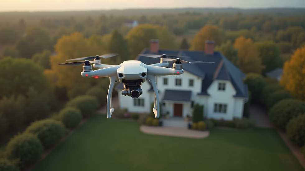 High angle view of a drone capturing aerial shots of a large residential property