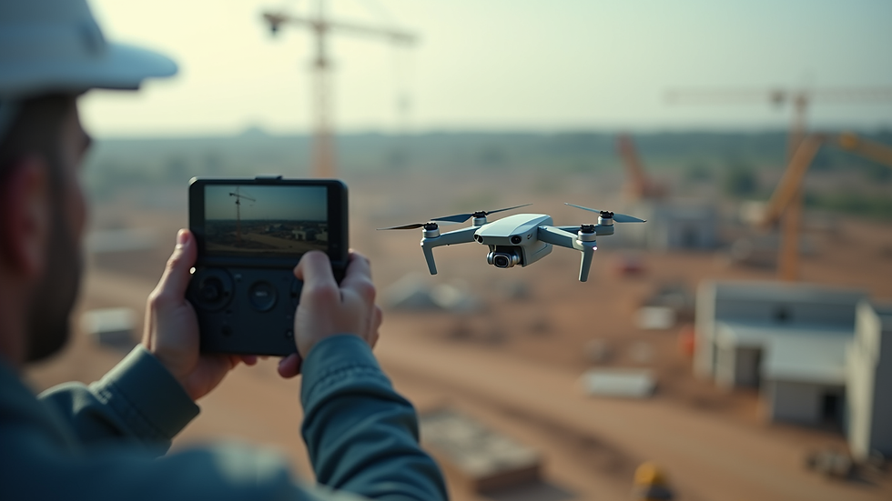 Eye-level view of drone operator monitoring flight over construction site