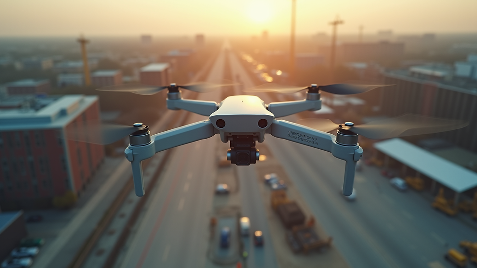 Wide angle view of drone capturing aerial footage over a commercial construction site