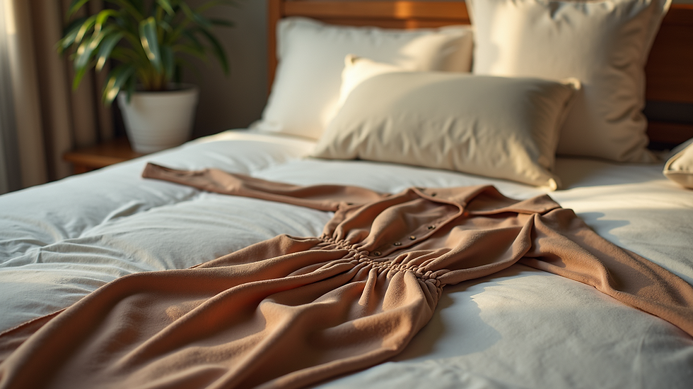 Eye-level view of a stylish outfit laid out on a bed