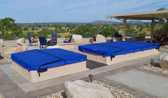 Royal blue swimspa and hot tub cover in California.