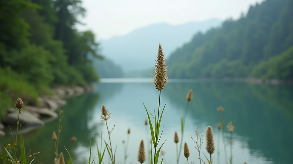 Close-up view of a serene nature scene with a calm lake