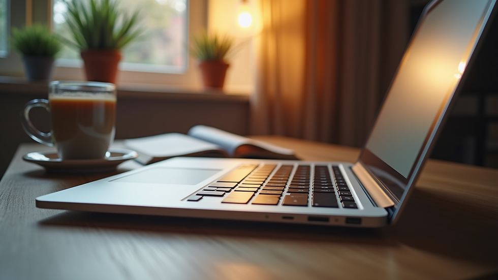 Eye-level view of a laptop on a cozy desk with a cup of tea