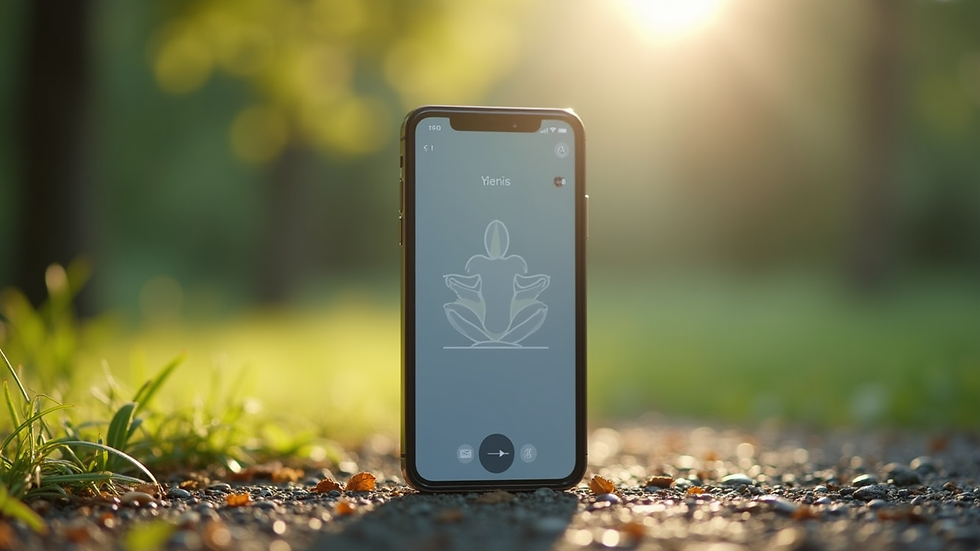 Close-up view of a smartphone displaying a meditation app with a serene nature background