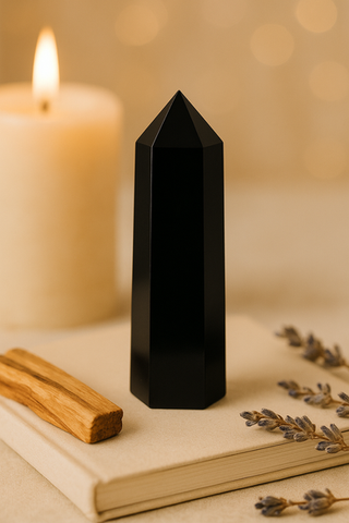 Certified Black Obsidian crystal tower perfect for grounding and energy shielding