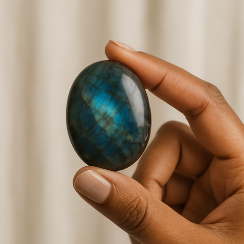 Labradorite tumble stone promoting intuition, change, and inner transformation