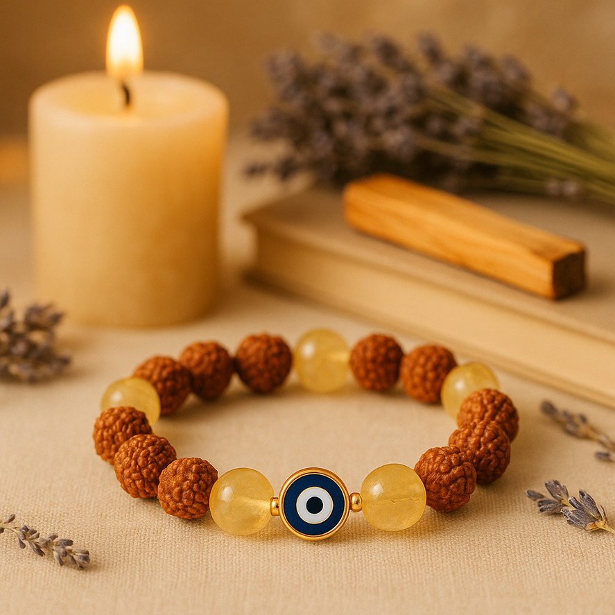 Citrine and Rudraksha bracelet with Evil Eye charm for abundance and protection