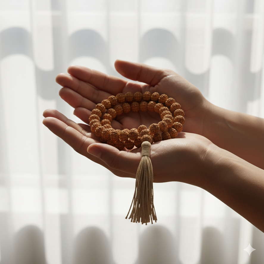 Tulsi Root mala radiating sacred energy, devotion, and spiritual growth