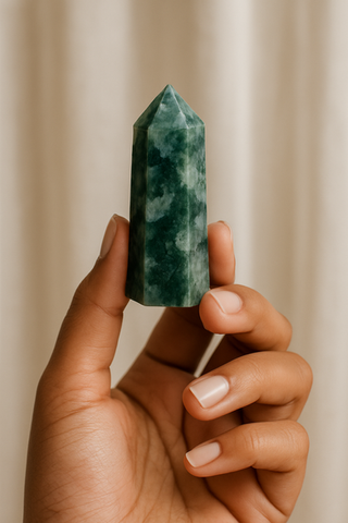 Moss Agate tower promoting abundance, balance, and personal transformation