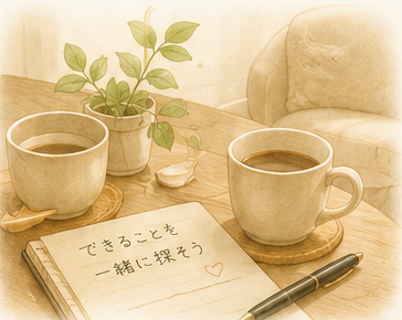 自分を整える時間を象徴する、温かなお茶とノート