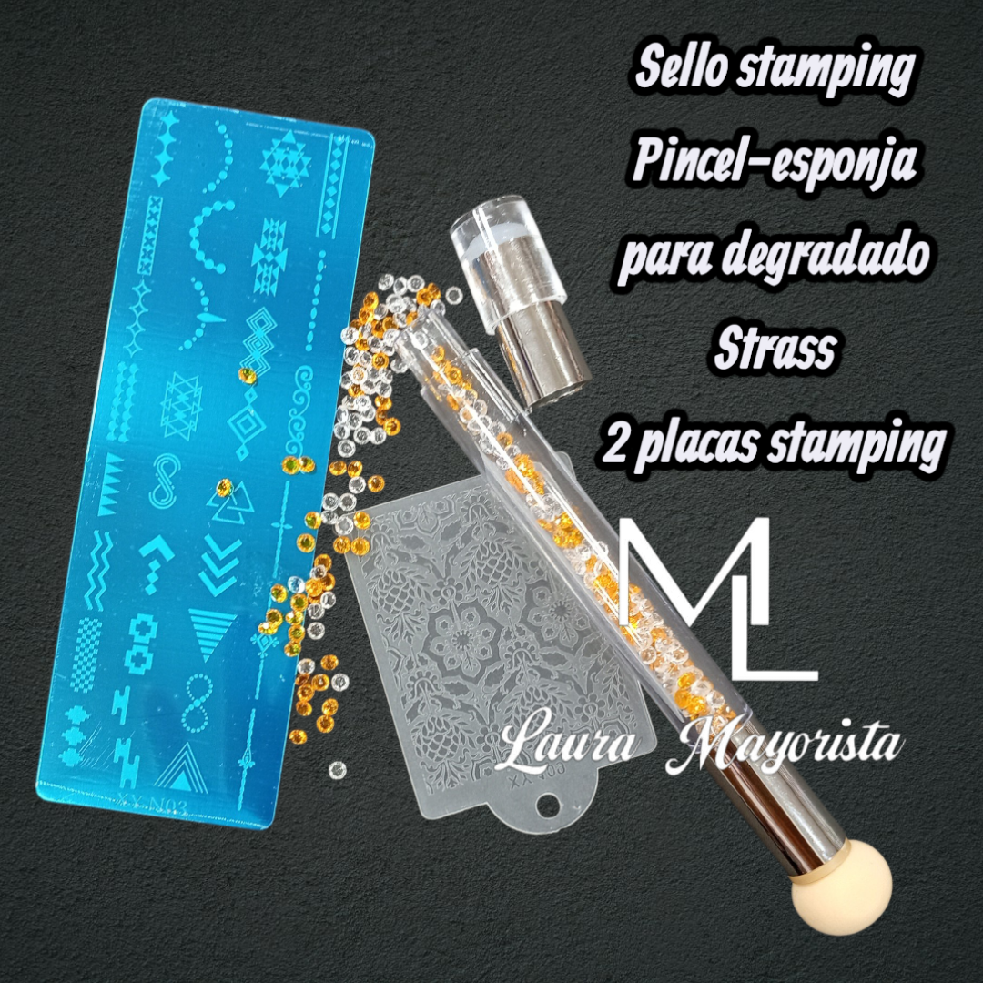X12 SET Sello stamping+2placas+Strass+Esponja para difuminar