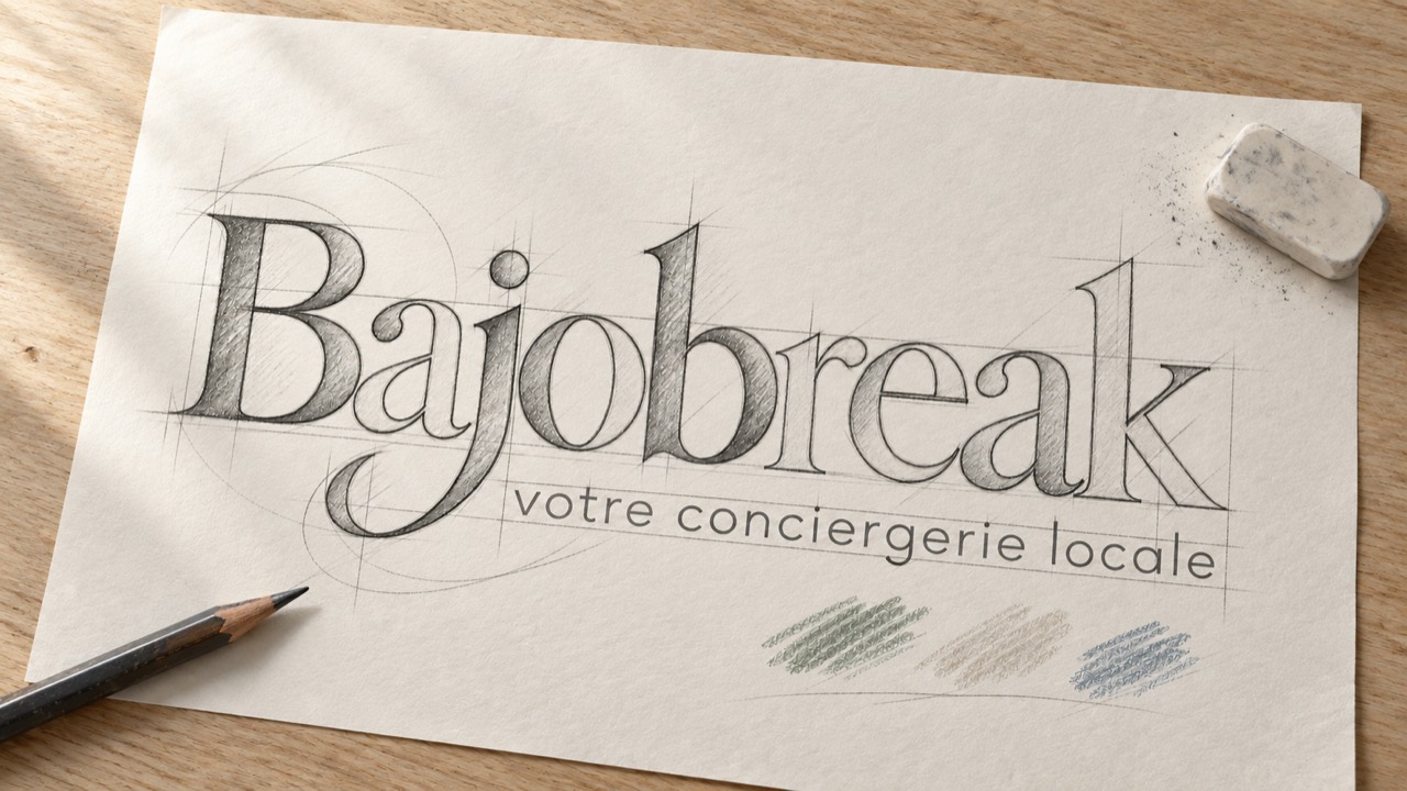 Croquis du logo Bajobreak sur une feuille de papier, avec un crayon et des essais de couleurs