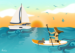 illustration  - Vahine sur son paddle