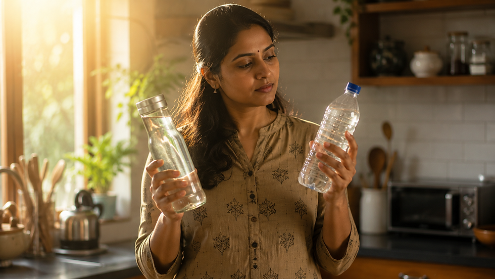 women thinking about plastic bottle