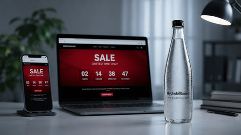 phone and laptop showing near-identical red sale banners beside a Hydrobillboard bottle