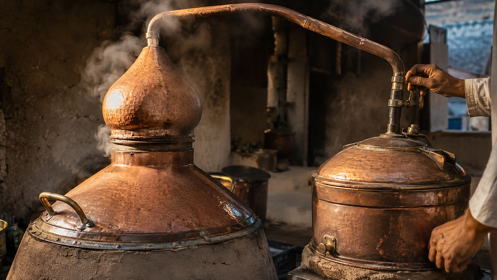 traditional copper attar distillation vessels in a Kannauj-style workshop