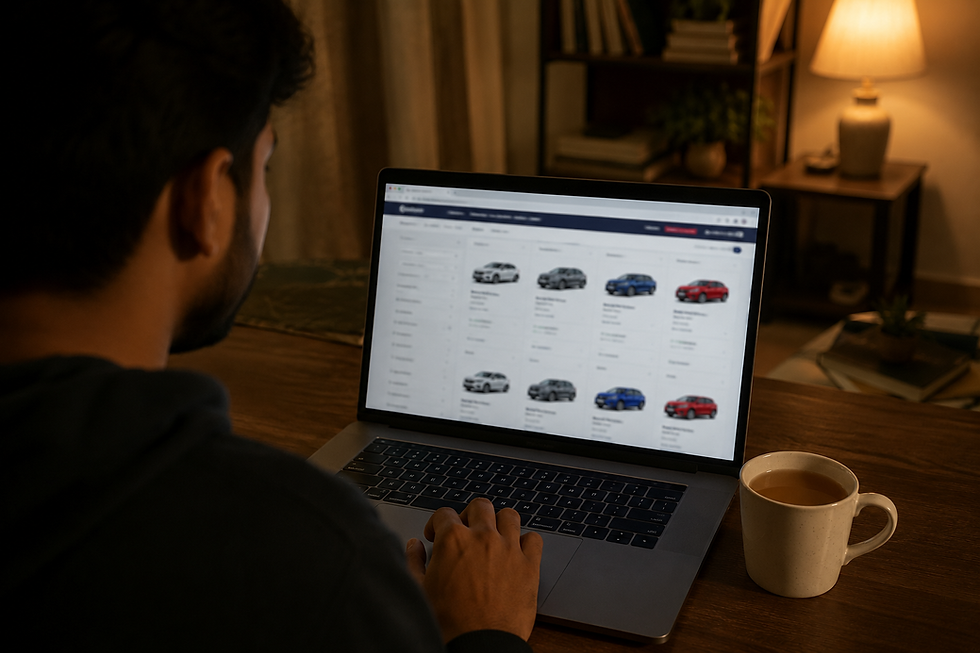 man scrolling car ad on laptop