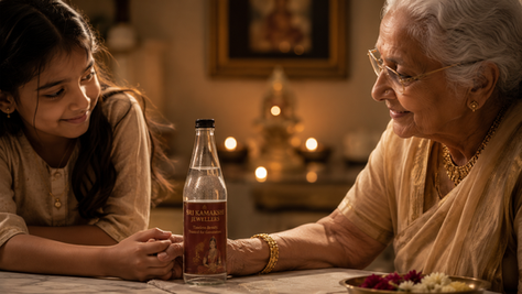 grandmother and her granddaughter admiring the hydrobillboard bottle with jewellery shop ad