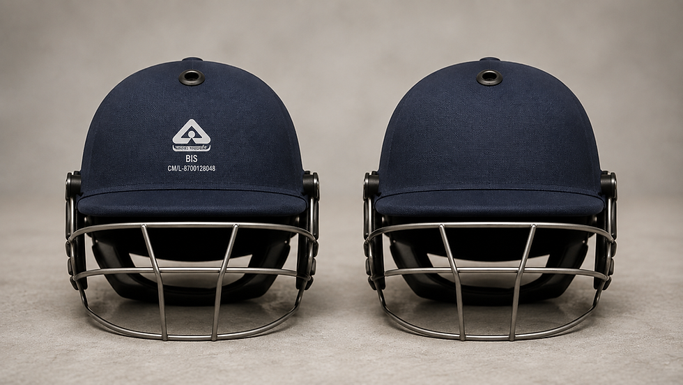 two similar cricket helmets, one certified and one without a visible mark