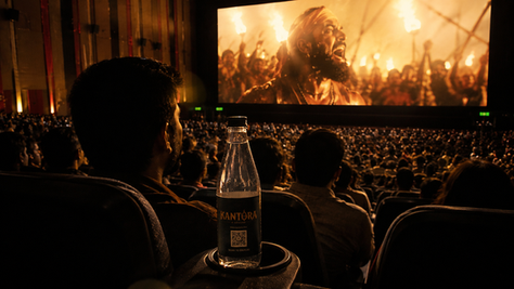 man watching movie in a theatre with hydrobillboard bottle whic has movie label