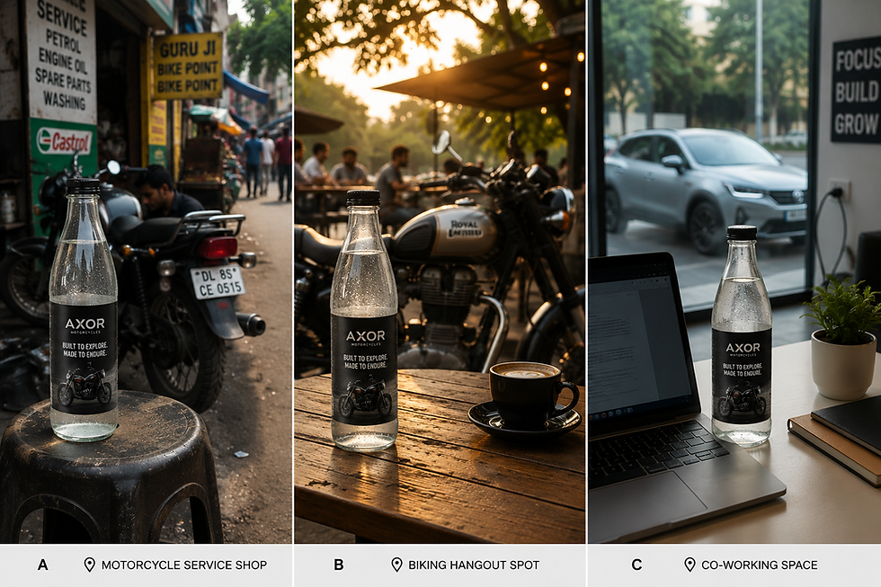 hydrobillboard bottle with car launch label placed at motorcycle shop,cafe and co working space