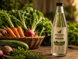 hydrobillboard bottle with organic product label placed at vegetable store