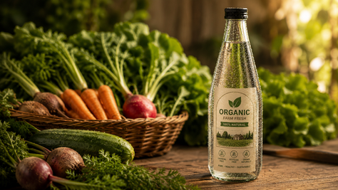 hydrobillboard bottle with organic product label placed at vegetable store