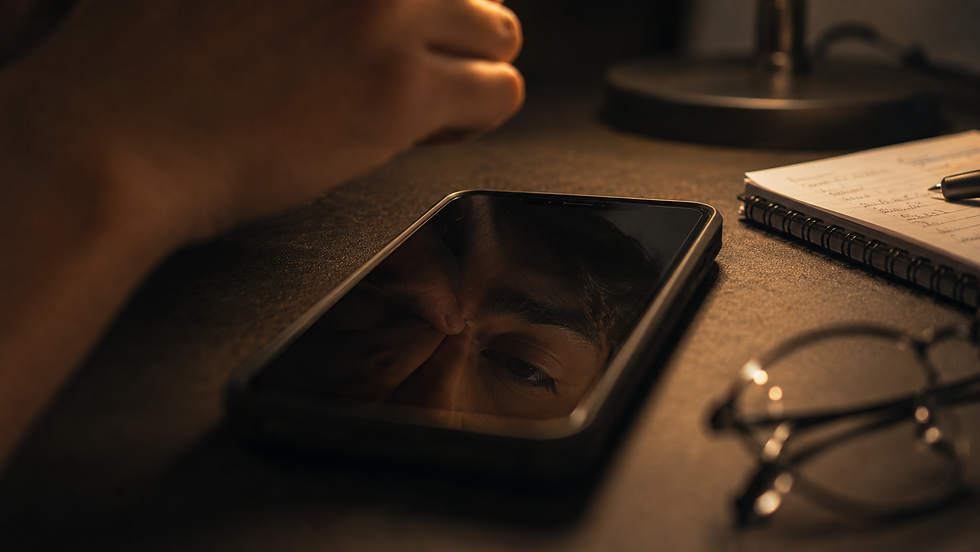 tired eyes reflected in a phone screen, hand rubbing the bridge of the nose