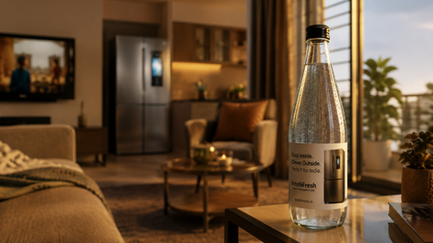 Hydrobillboard glass bottle in a home living room with appliances in the background