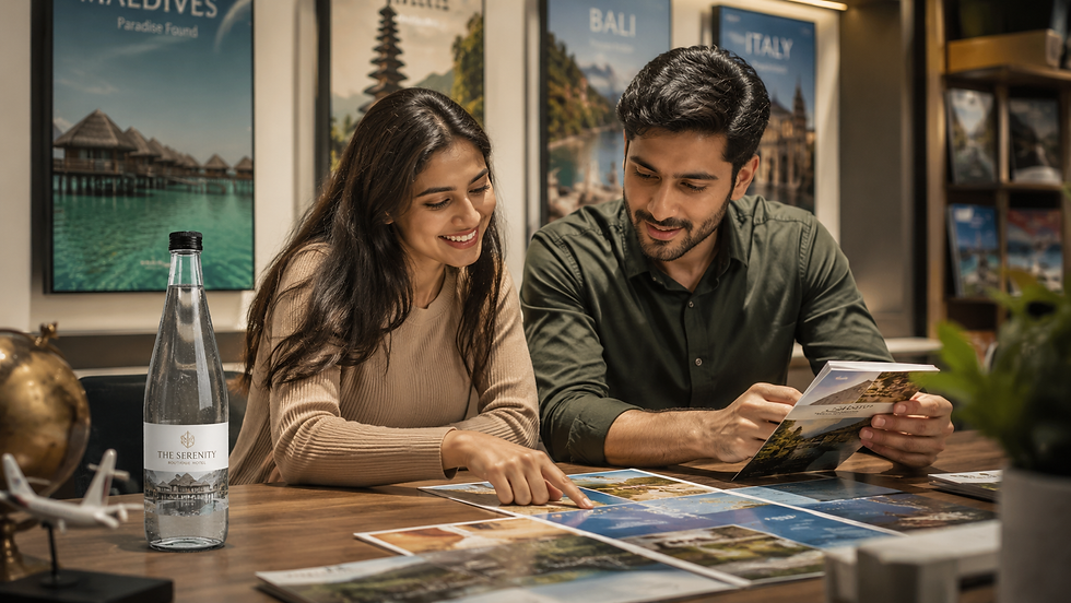 couple sitting in a hotel with hydrobillboard bottle with same hotel ad