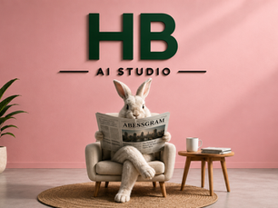 hydrobillboard rabbit sitting inside hydrobillbard ai studio,reading newspaper