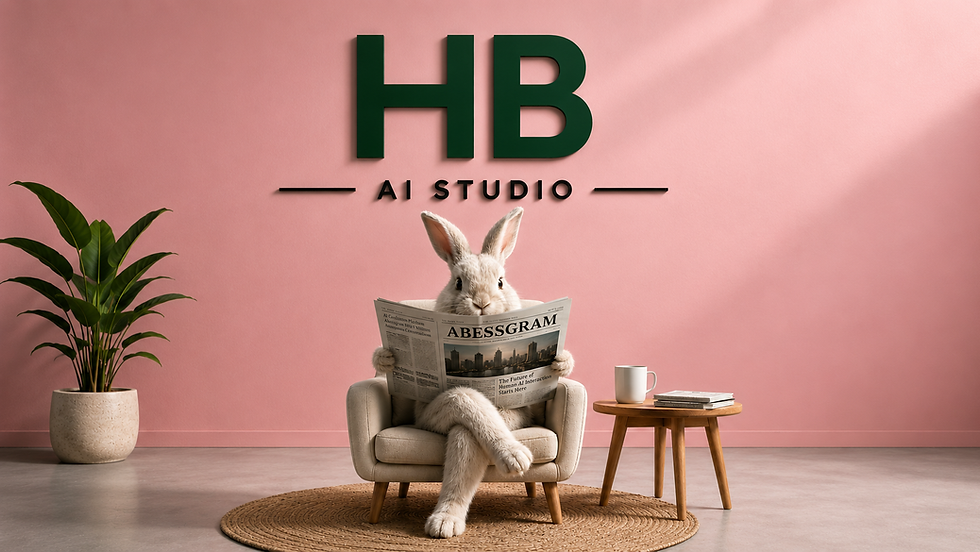 hydrobillboard rabbit sitting inside hydrobillbard ai studio,reading newspaper