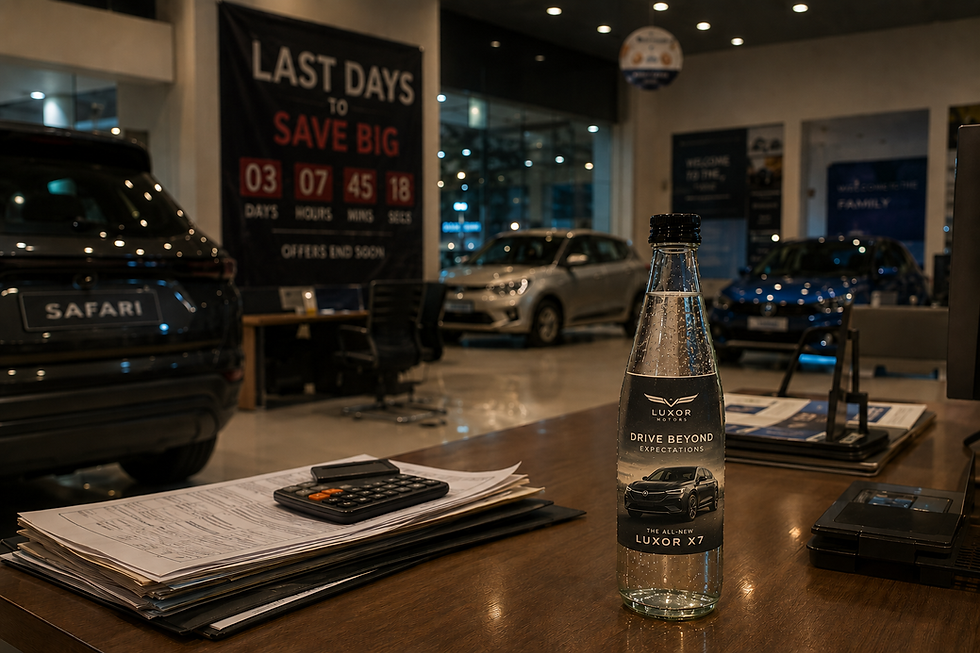 hydrobillboard bottle with car ad label placed on table inside a car showroom
