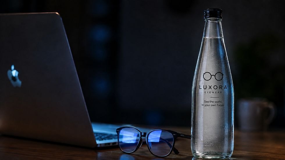 pair of glasses and a Hydrobillboard bottle beside a glowing laptop screen at dusk