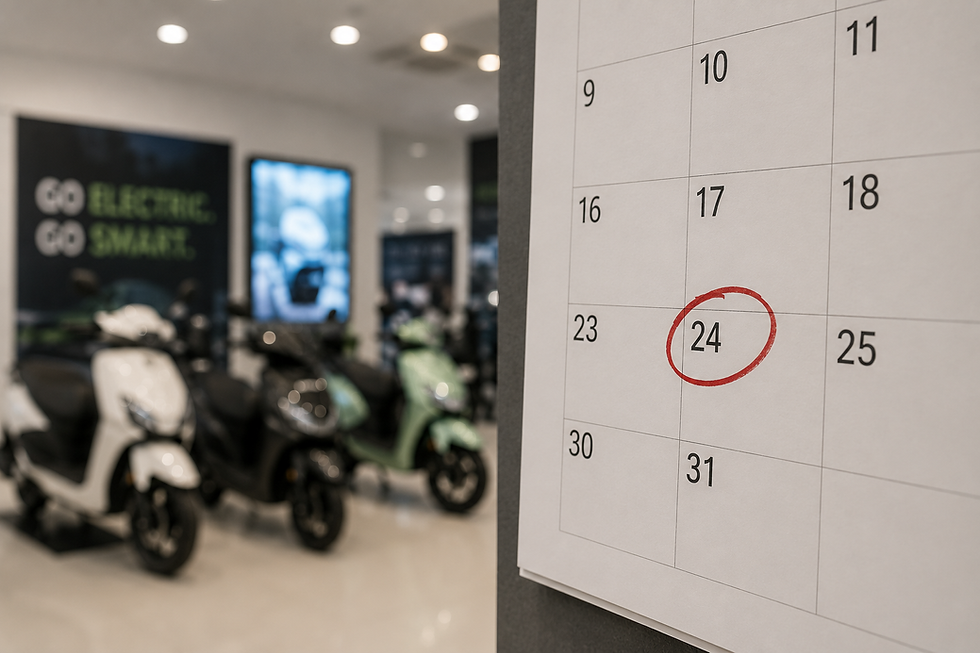 date highlighted on calendar in a bike showroom