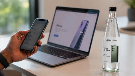 hydrobillboard bottle with smartphone label placed beside laptop and smartphone
