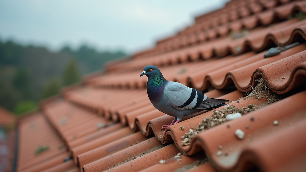 Close-up view of a tile roof with pigeon droppings and nesting materials