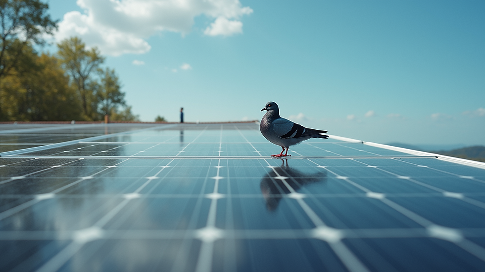 High angle view of solar panel bird mesh installed to prevent pigeons from nesting