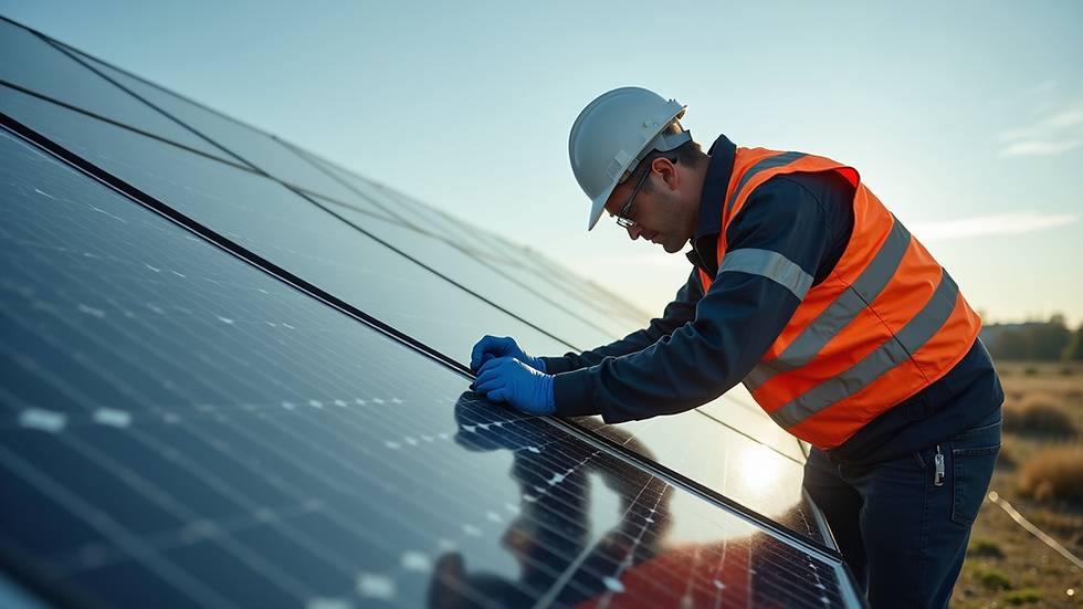 High angle view of a technician inspecting bird proofing mesh on a solar panel