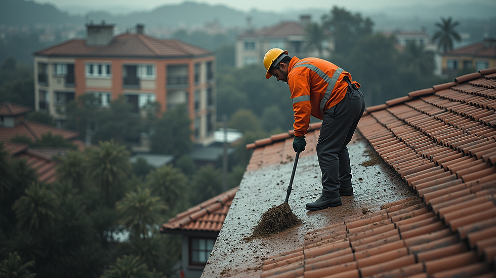 High angle view of workers cleaning bird droppings from a residential roof