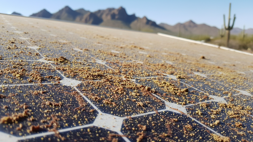 Close-up view of solar panel surface covered with dust and pollen