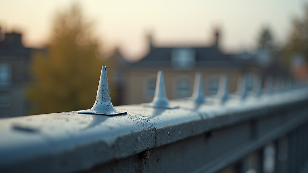 Close-up view of stainless steel bird spikes on a roof edge