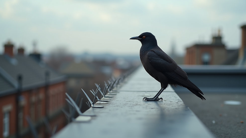 Close-up view of bird spikes installed on a rooftop ledge