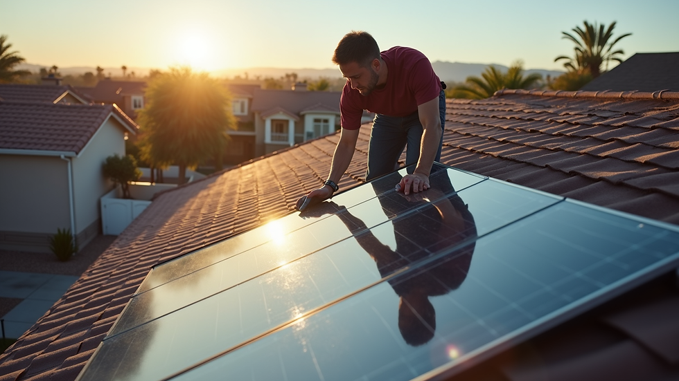 High angle view of a professional cleaning solar panels on a residential roof in Buckeye