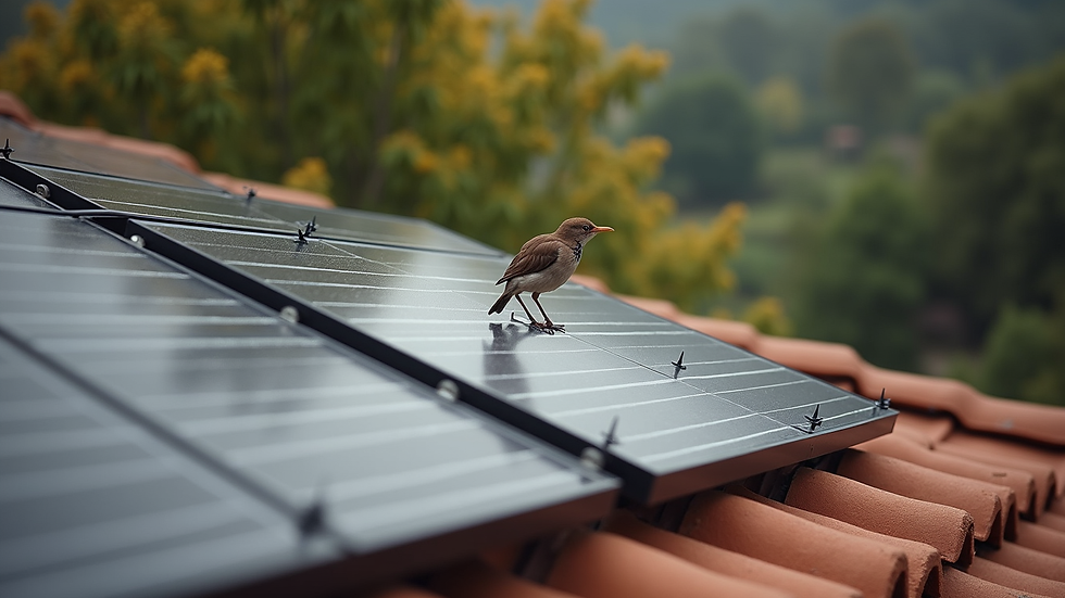 High angle view of solar panels with bird spikes installed on a tile roof