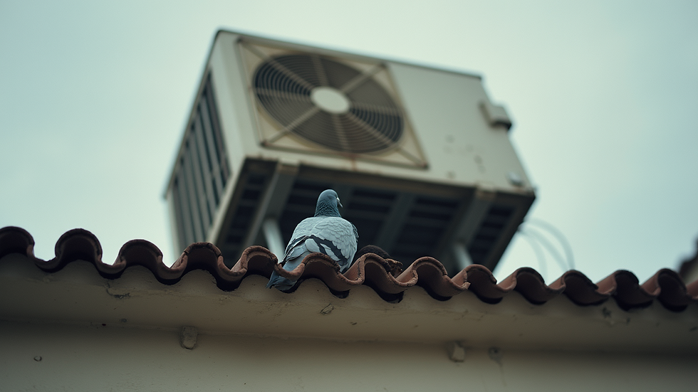 Eye-level view of pigeons nesting beneath a residential rooftop AC unit